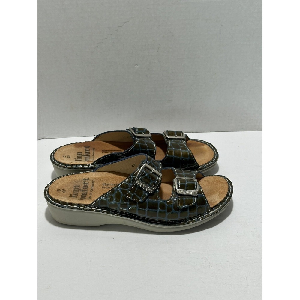 FINN COMFORT Womens Blue Naja Patent Leather Sandals 2 Buckle Strap Sz 40 US 9.5